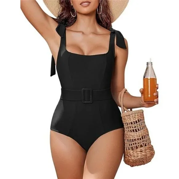 Women's One Piece Swimsuit Belted Tummy Control Square Neck Tie Shoulder